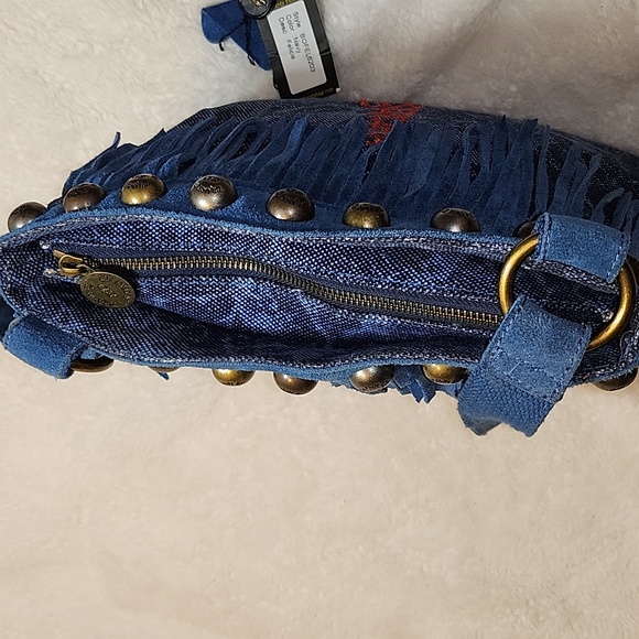 Ed Hardy Vintage Navy Felicia  Denim and Suede  Fringe Bag  Red Accents Rare- - Picture 11 of 16